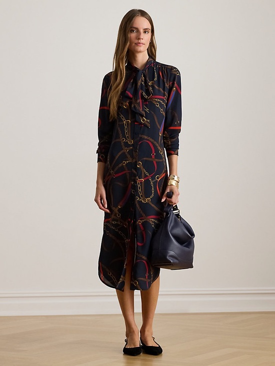 Lauren Ralph Lauren Dresses & Skirts - Ralph Lauren Georgette Equestrian Chain Print Tie Neck Midi Dress Navy 14